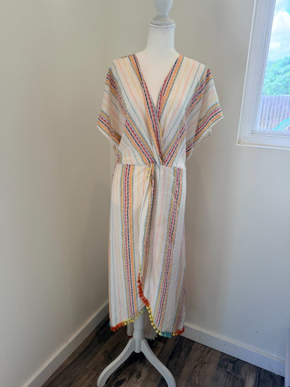 America & Beyond Roman Stripe Wrap Cover Up Dress Resort Wear Size L